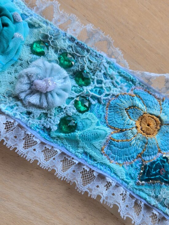 Handmade Aqua and Mint Green Crazy Quilt Embroidered Rose Sash Y2k-Style Mermaid